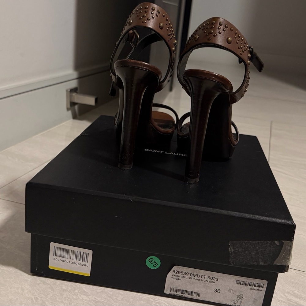 Saint Laurent Brown Leather Studded Platform Heel Sandal - Picture 9 of 11